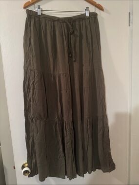 Simons Olive Tiered Gauze Maxi Skirt with Drawstring
